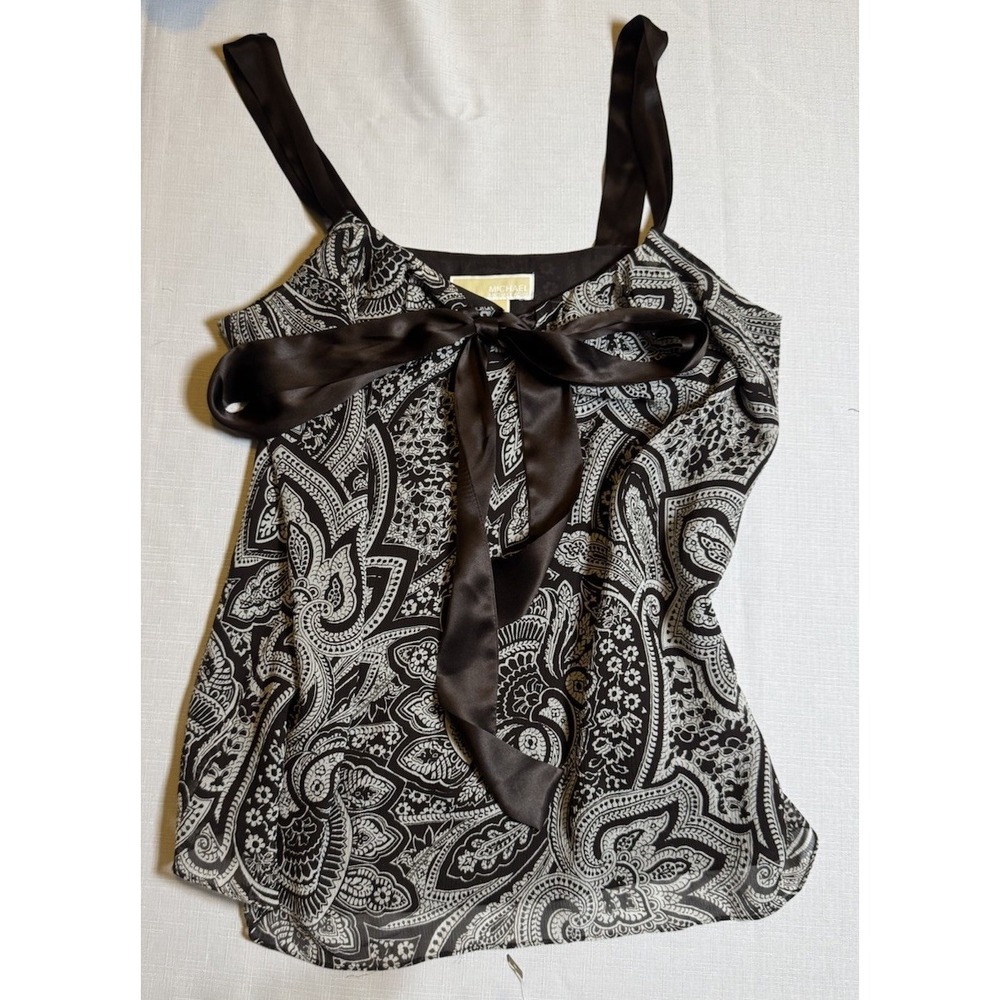 Michael Kors Y2K Babydoll Tank 100% Silk Brown White Paisley Print Ribbon Medium